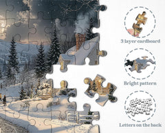 PPuzzling Winter Forest Cabin Scene captures snowy trees and warm glow for immersive evenings