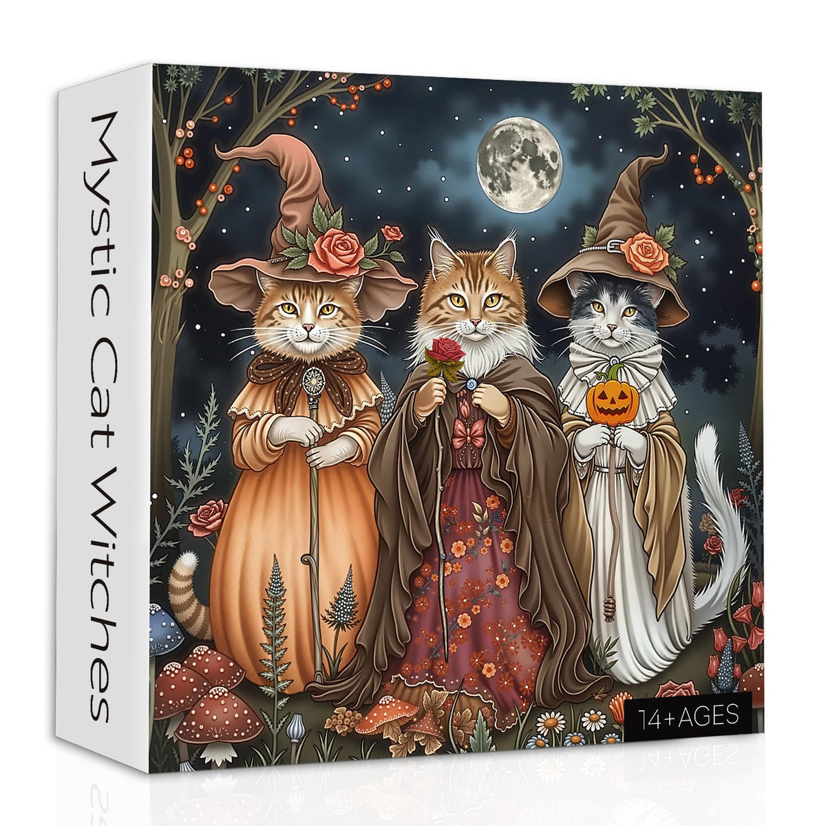 PPuzzling 1000-piece puzzle featuring witch cats under the full moon, ideal for cozy autumn evenings.