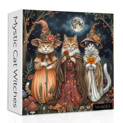 PPuzzling 1000-piece puzzle featuring witch cats under the full moon, ideal for cozy autumn evenings.