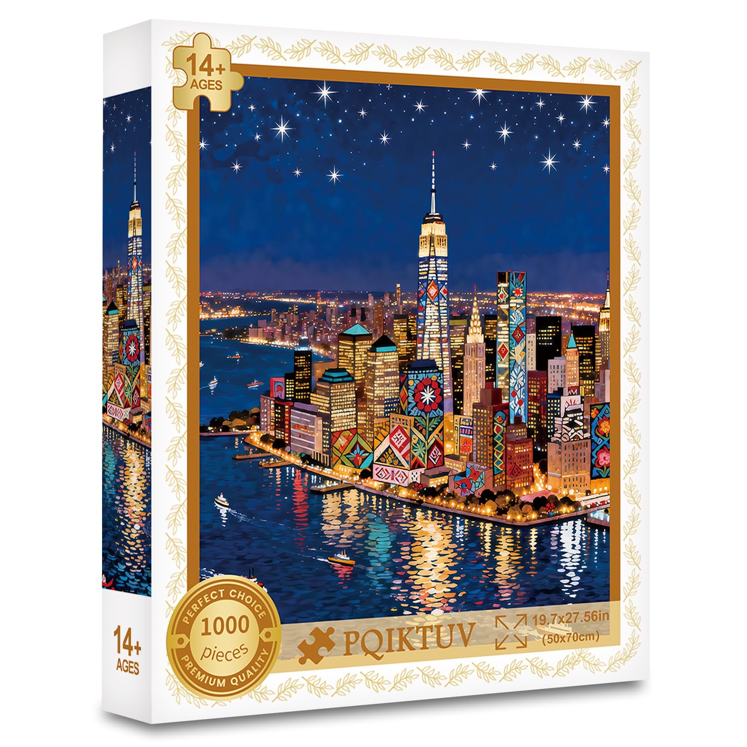 PQIKTUV 1000-piece puzzle back with A-B sections for adjustable difficulty.