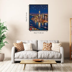 PQIKTUV city nightscape art-deco puzzle with vibrant colors for decor.