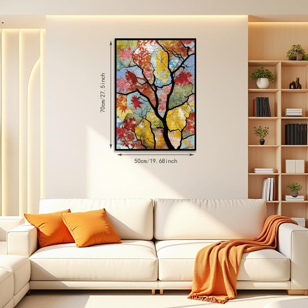 PQIKTUV stained-glass autumn tree puzzle highlighting leaded-glass style for wall decor