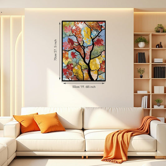 PQIKTUV stained-glass autumn tree puzzle highlighting leaded-glass style for wall decor