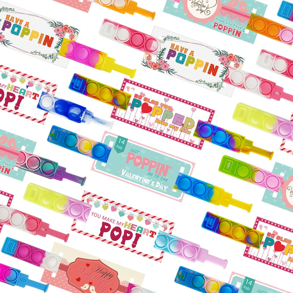 PRAABDC 24-pcs Valentine pop bracelet worn on wrist with vibrant colors.