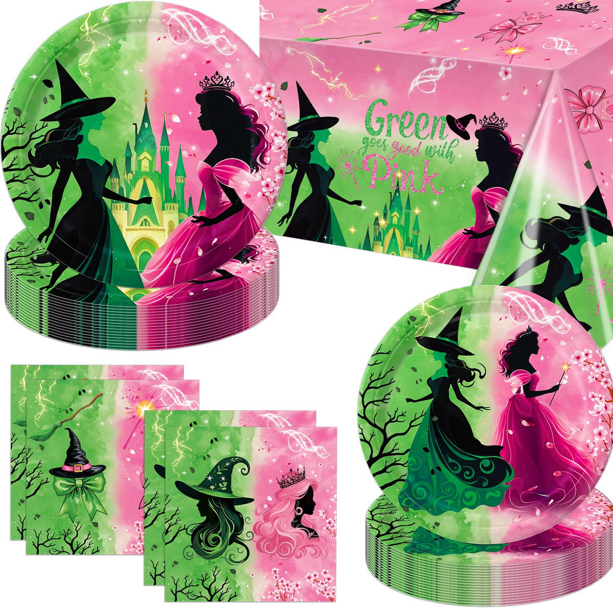 Practice Star pink-green witch party dinner plates set for festive gatherings
