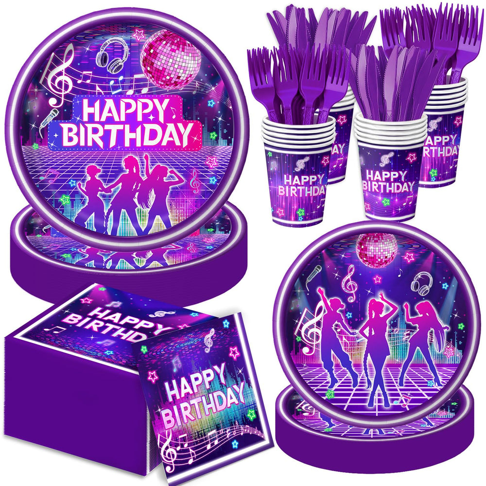 Practice Star 9-inch dinner plates for a colorful pop music party with easy cleanup