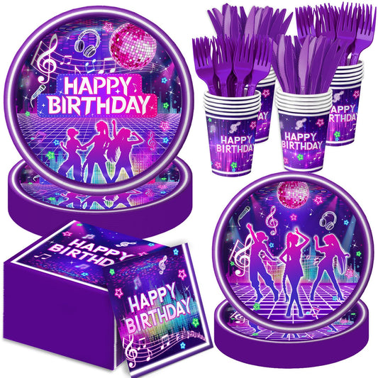 Practice Star 9-inch dinner plates for a colorful pop music party with easy cleanup