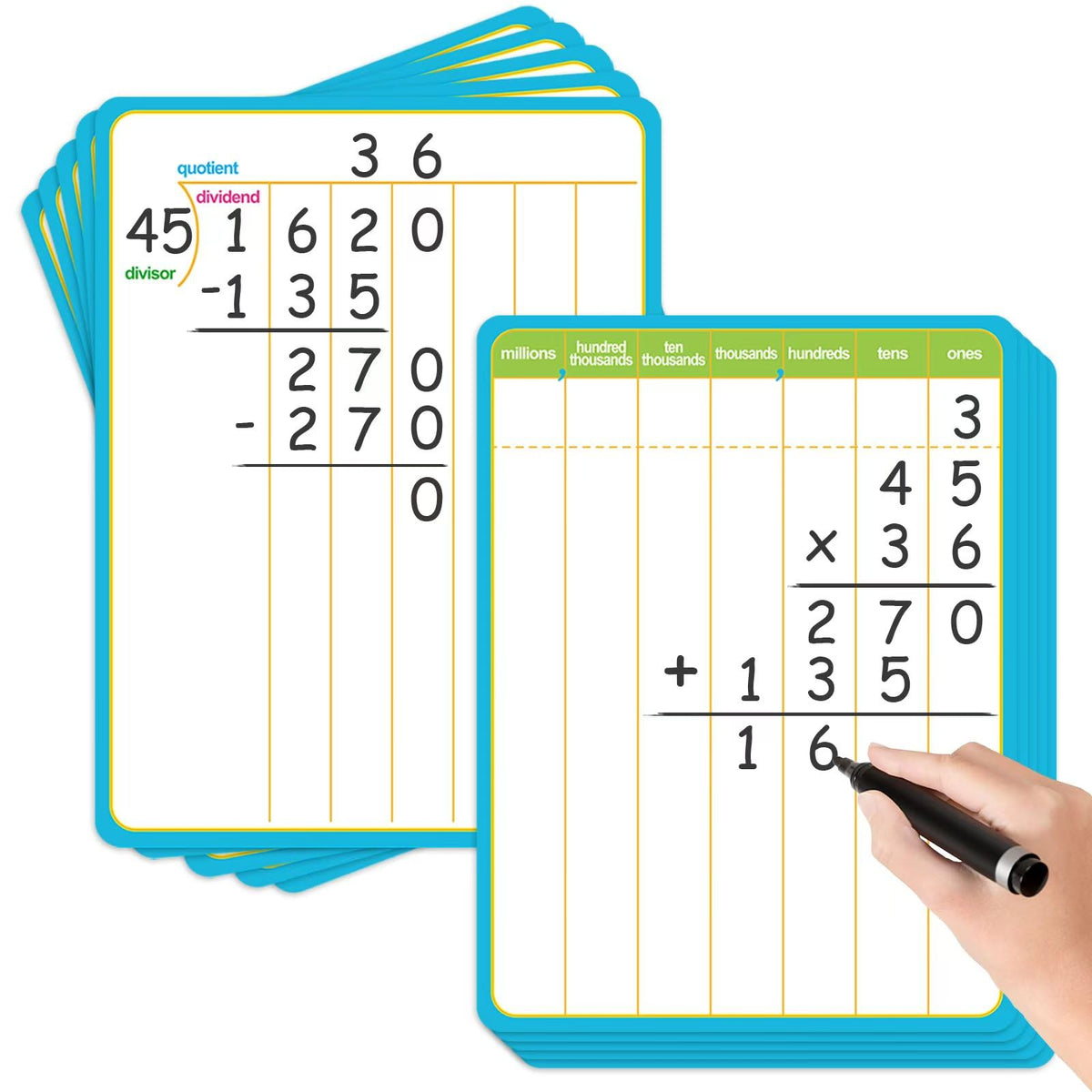 PraxiKidy long division dry erase card for reusable math practice.