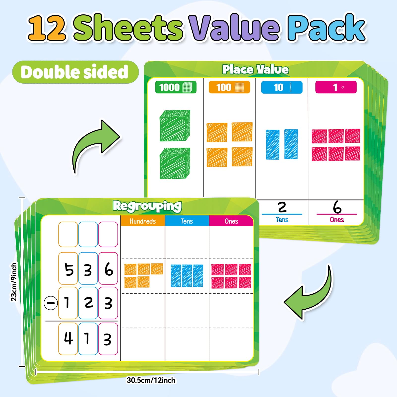 PraxiKidy base-ten regrouping dry-erase board helps students visualize regrouping.