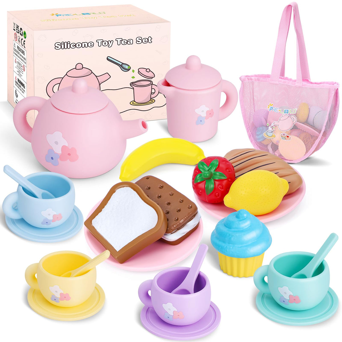 PRE-WORLD silicone tea set teapot pour illustrating safe, imaginative play