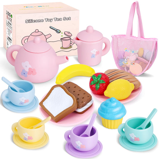 PRE-WORLD silicone tea set teapot pour illustrating safe, imaginative play