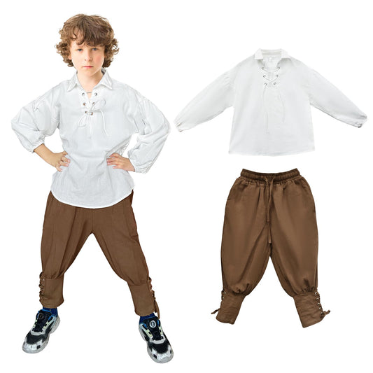 Prebene boys pirate set shirt and ankle pants in white and brown, ready for play.