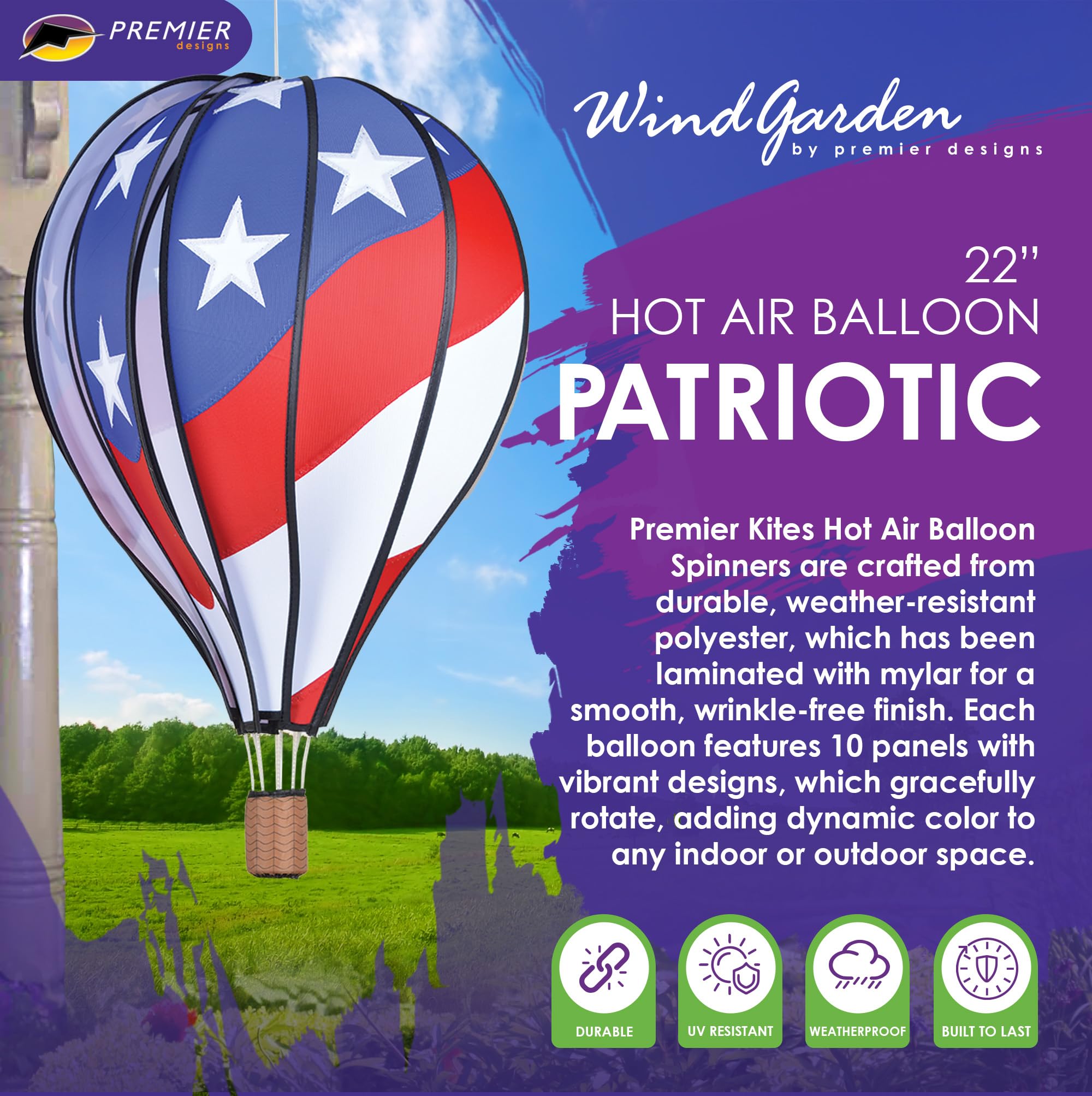 Premier Kites patriotic 22-inch spinner with stars and stripes design.