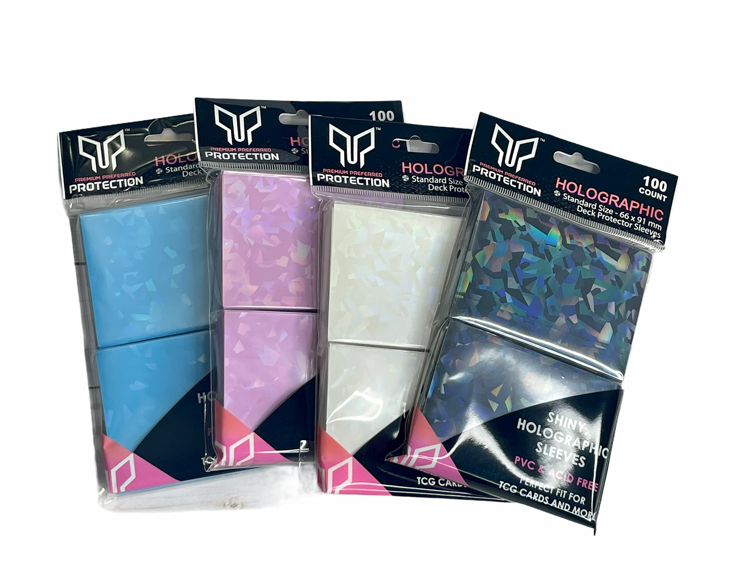 Premium Preferred Protection 100 White Holographic Card Sleeves, ideal for protecting cards during storage and handling