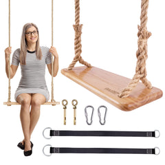 Premkid hanging wooden swing seat closeup shows smooth lacquer finish and rounded corners for safety.