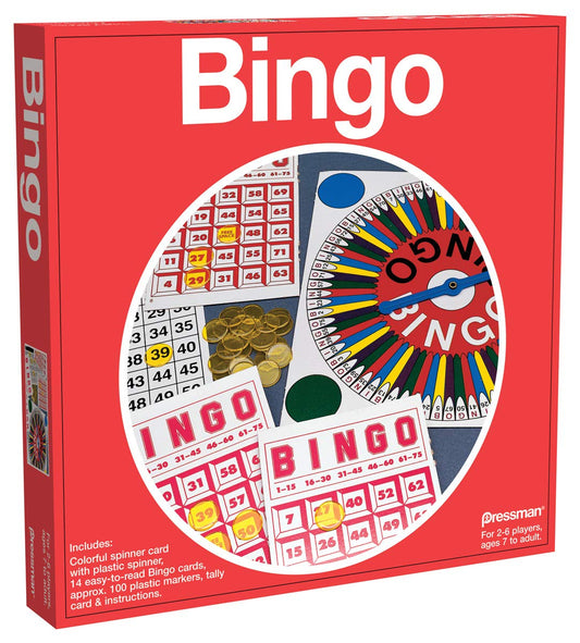 Pressman Bingo spinner for quick B-I-N-G-O calls during family game night.