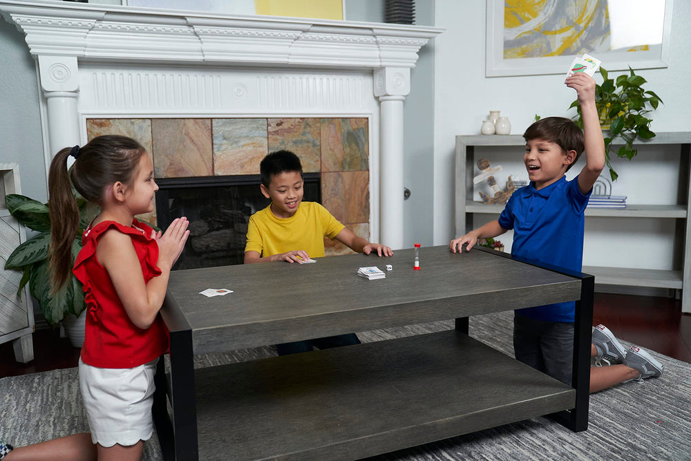 Cards show pictured clues like toothbrush, cat, and bumblebee.