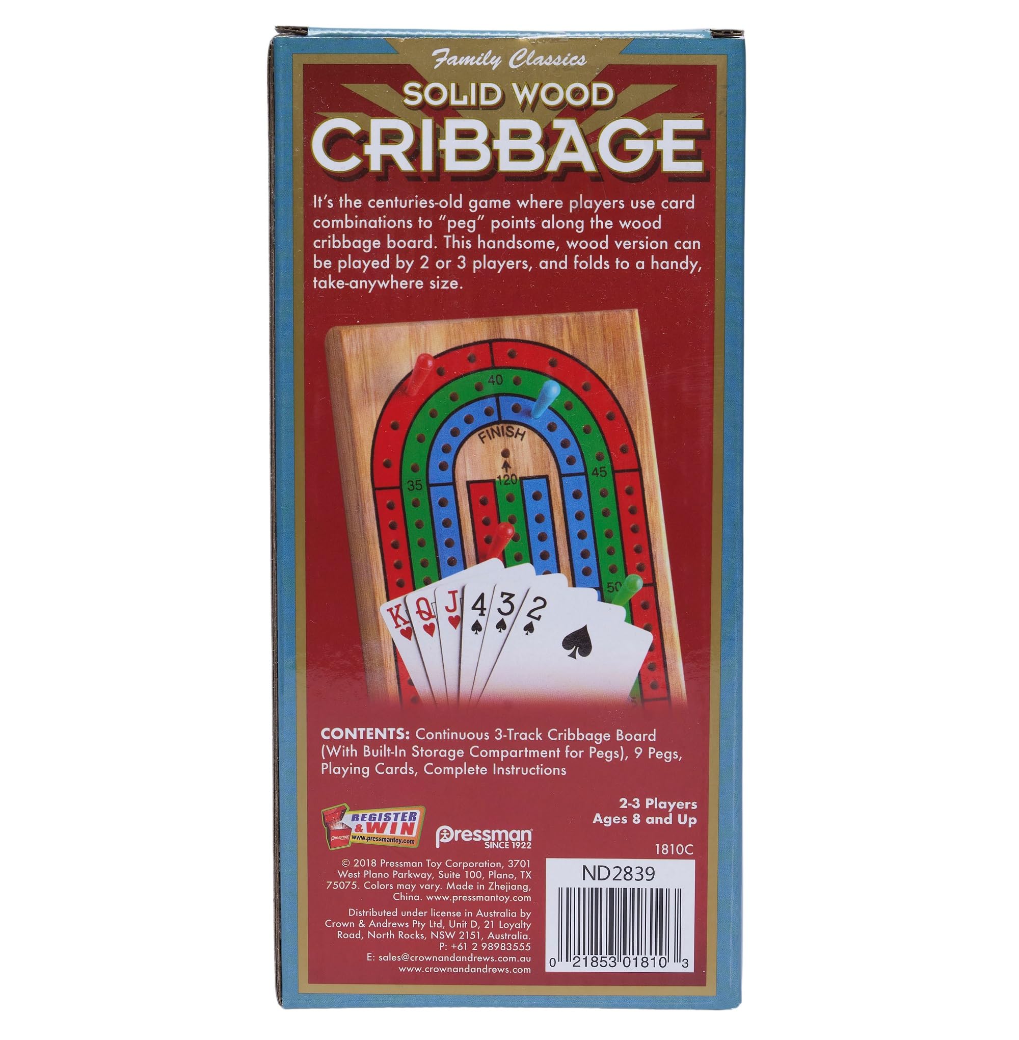 Pressman cribbage board shown with included card deck