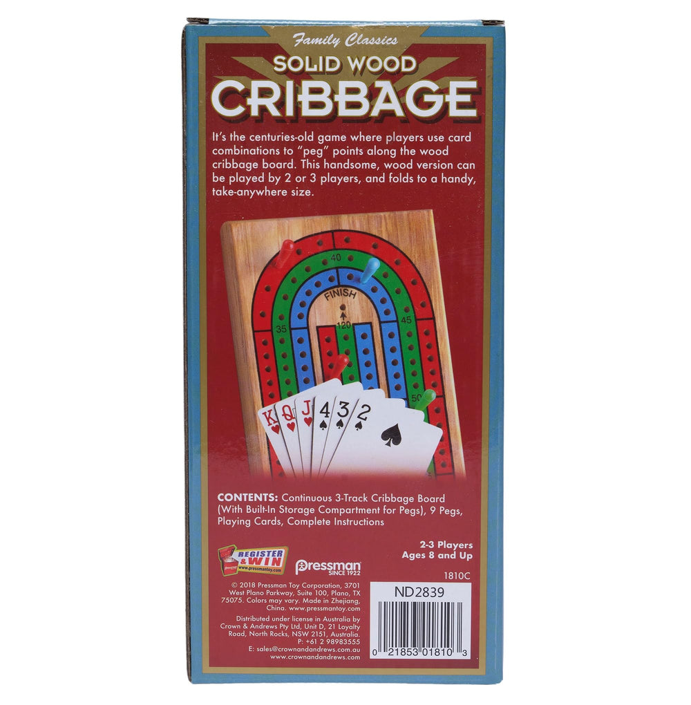 Pressman cribbage board shown with included card deck
