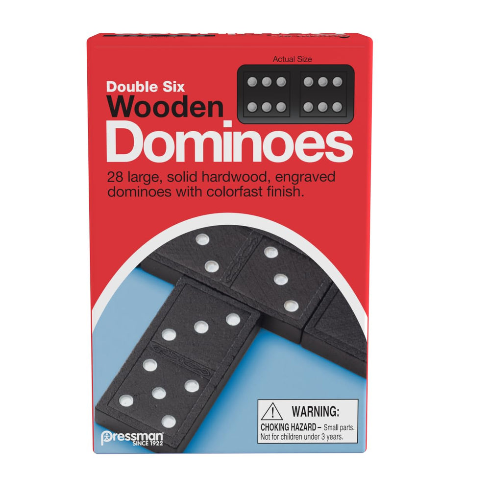 Pressman Double Six wooden dominoes set in box, perfect for family game night.