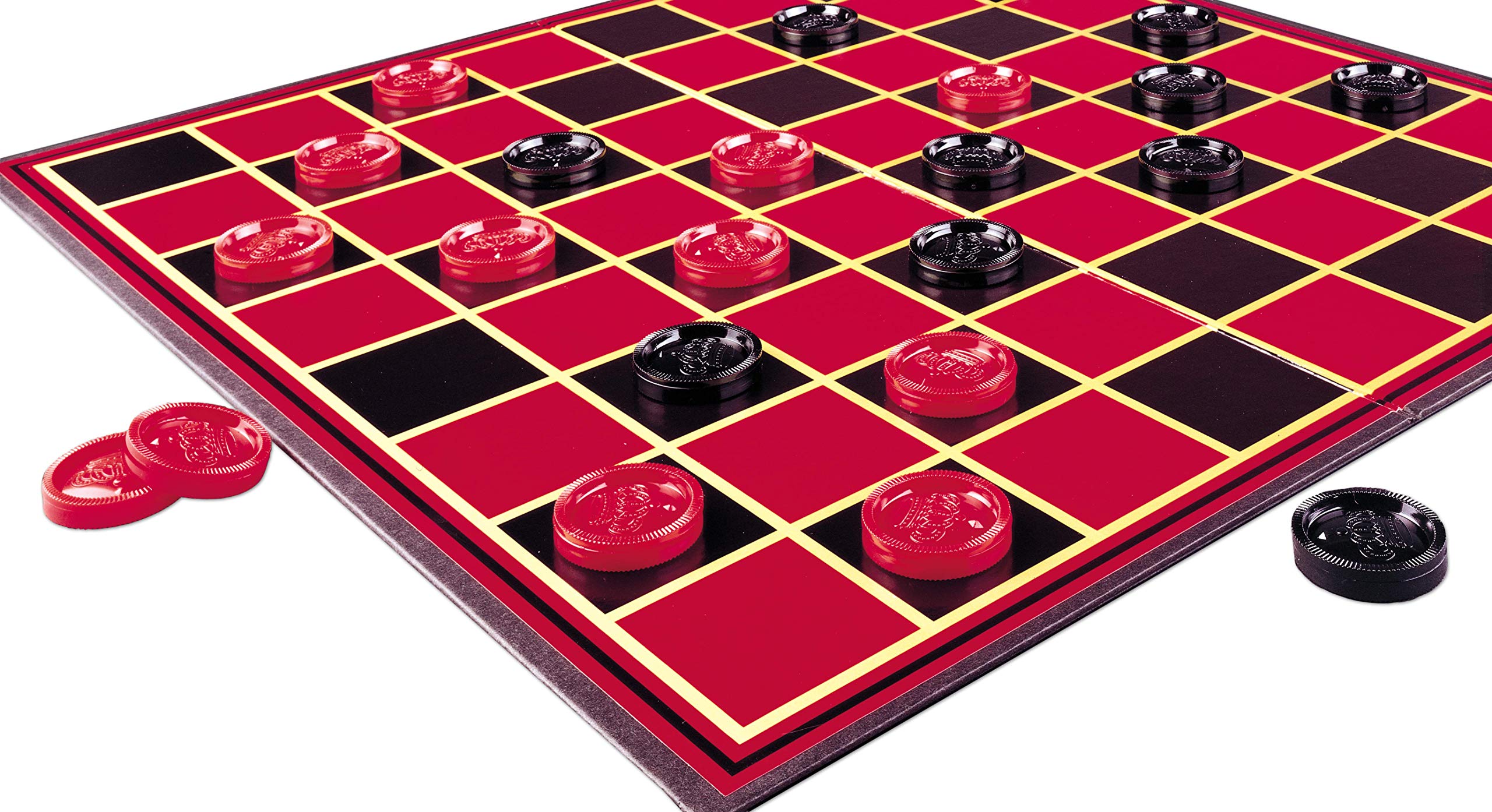 Pressman interlocking checkers in use, durable pieces for hours of play.