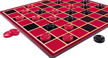Pressman interlocking checkers in use, durable pieces for hours of play.