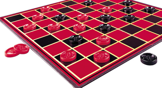 Pressman interlocking checkers in use, durable pieces for hours of play.