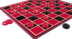 Pressman interlocking checkers in use, durable pieces for hours of play.
