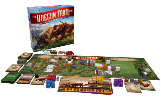 Pressman Oregon Trail tiles and board ready for strategic trail discovery.