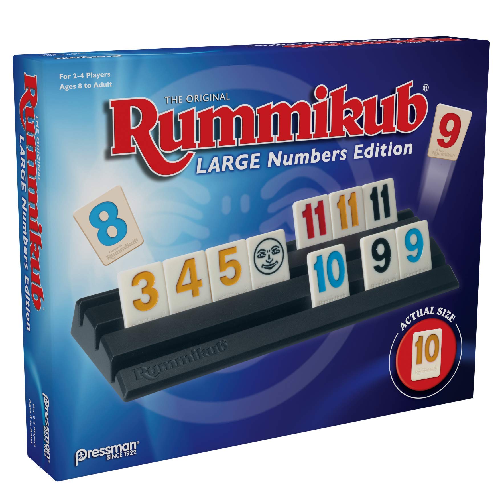 Blue edition box of Pressman Rummikub invites family game night.