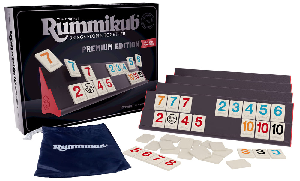 Pressman Rummikub Premium Edition racks organized tiles for stable play.