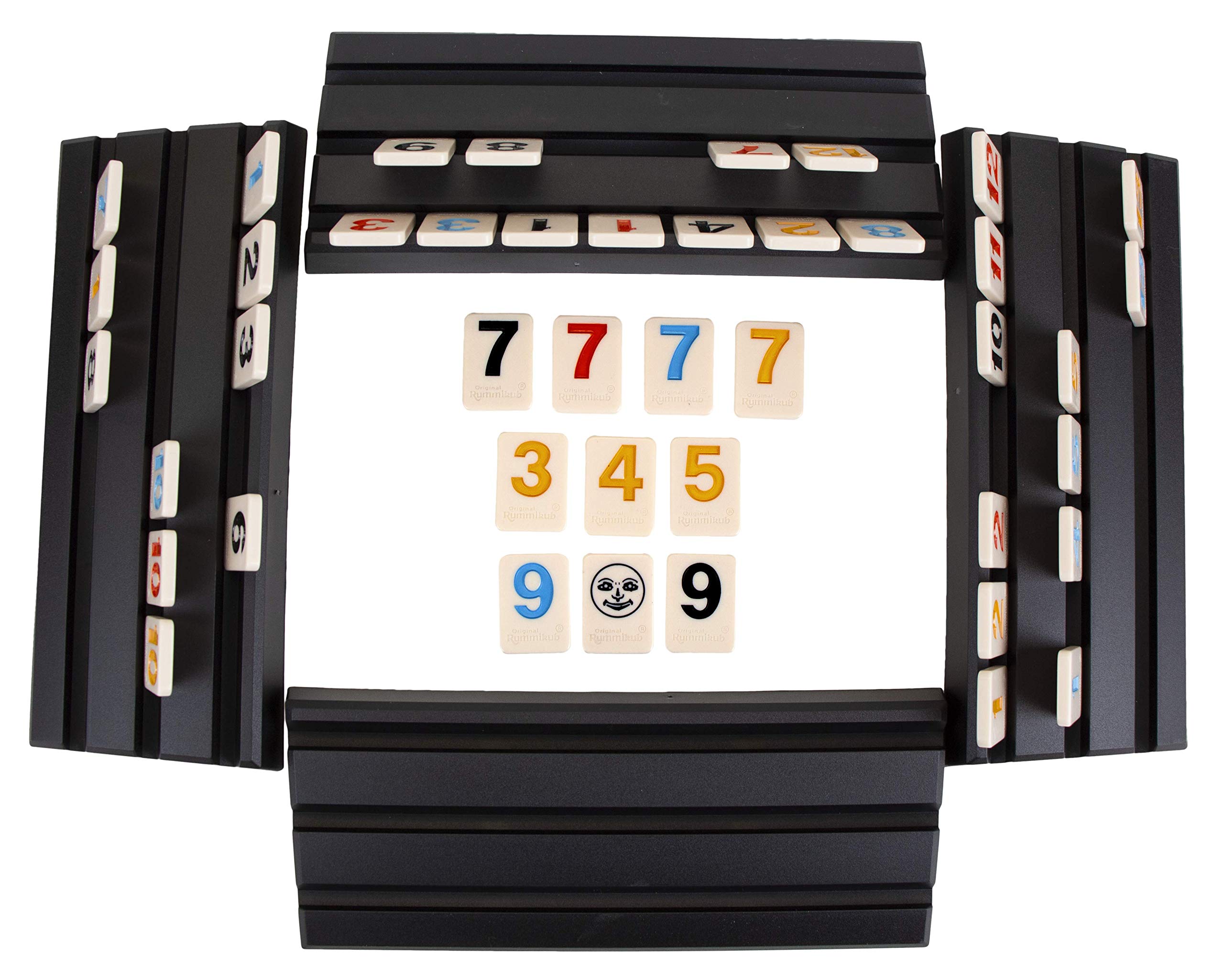 Tile racks from Pressman Rummikub keep tiles organized for planning.