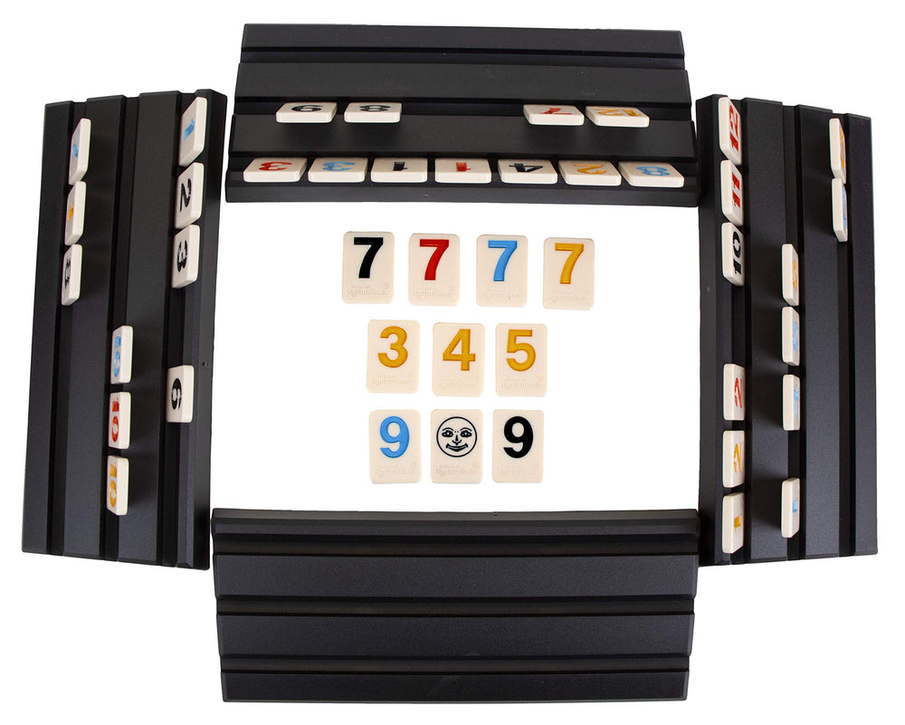 Tile racks from Pressman Rummikub keep tiles organized for planning.