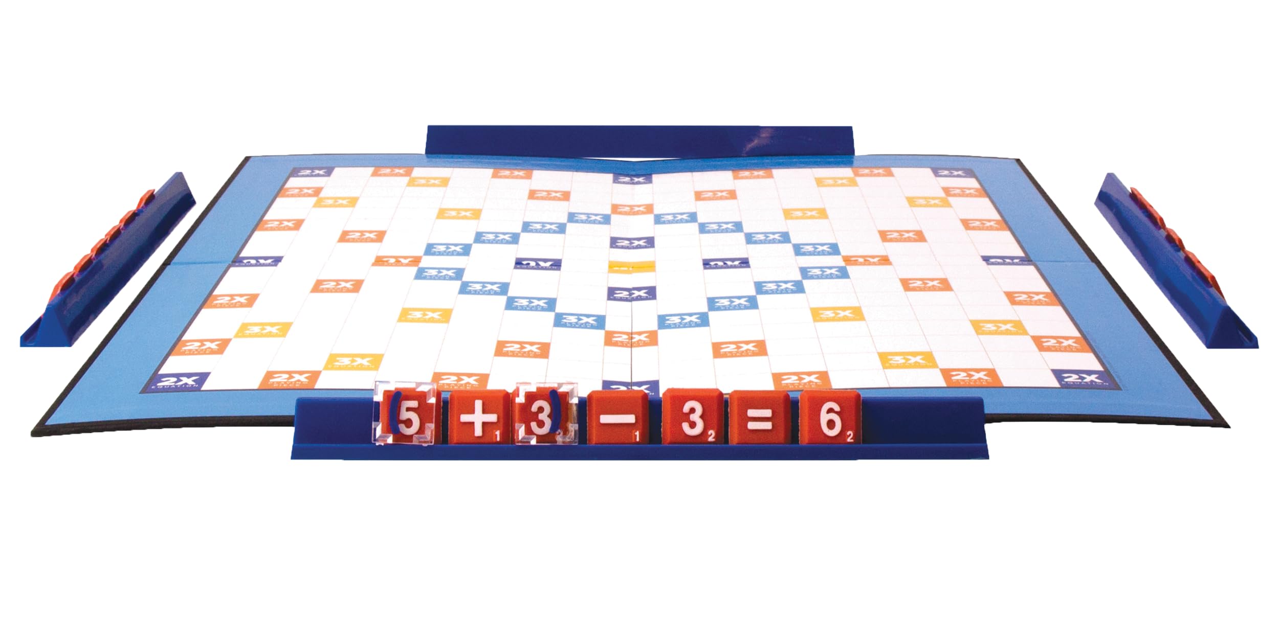 Pressman Smath tiles and operation signs laid out for crossword-style math.