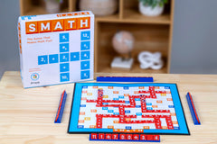 Two players strategize on a colorful Smath board during family game night.