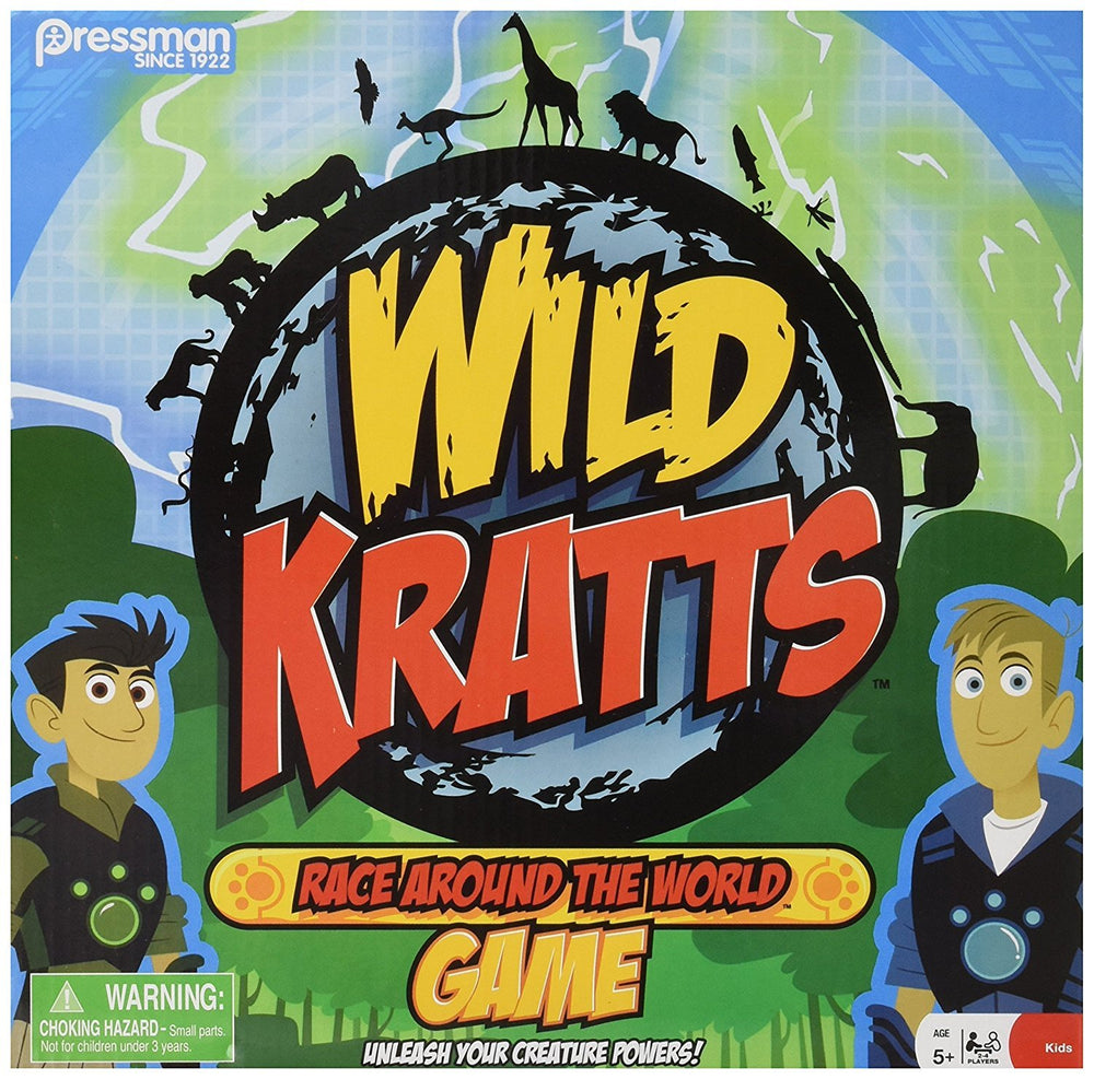 Pressman Wild Kratts Race Around the World board game cover showing colorful habitats for family play.