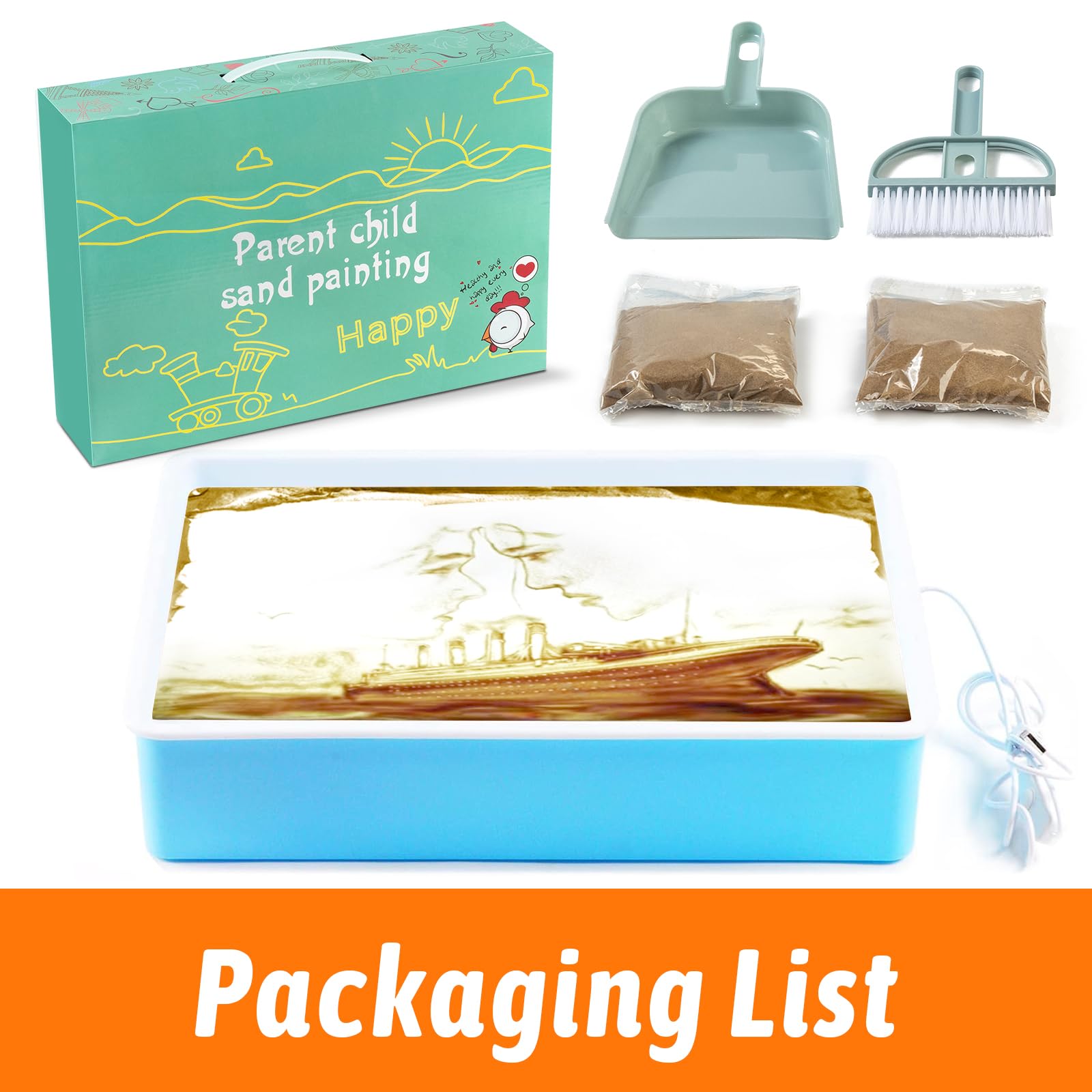 PreTrans sand art kit includes fine sand and tools for textured crafts.