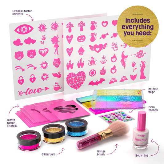 Pretty Me glitter tattoo kit stencil-application shows easy transfer for kid art.