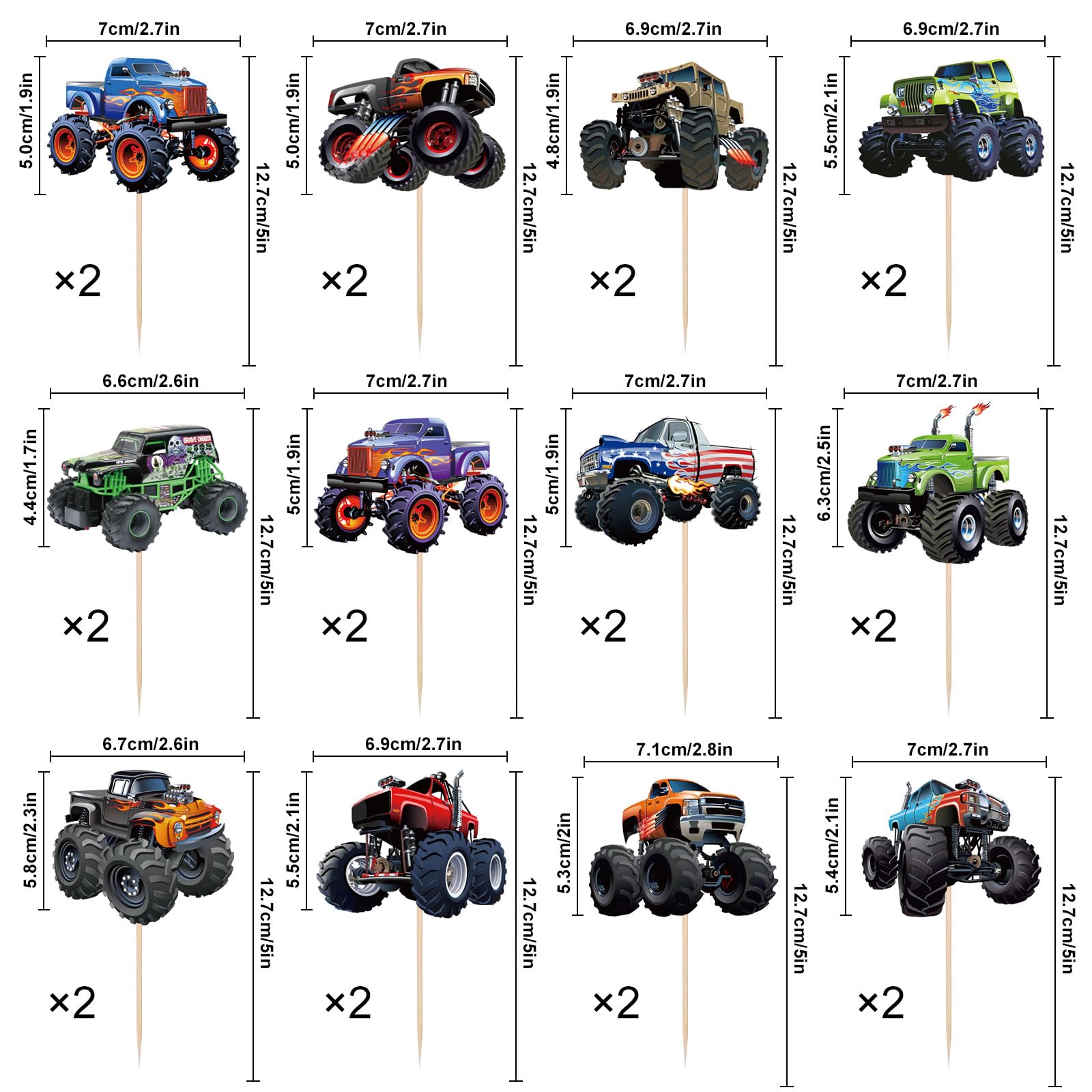 Pretyps baby shower cupcake toppers featuring monster truck accents.