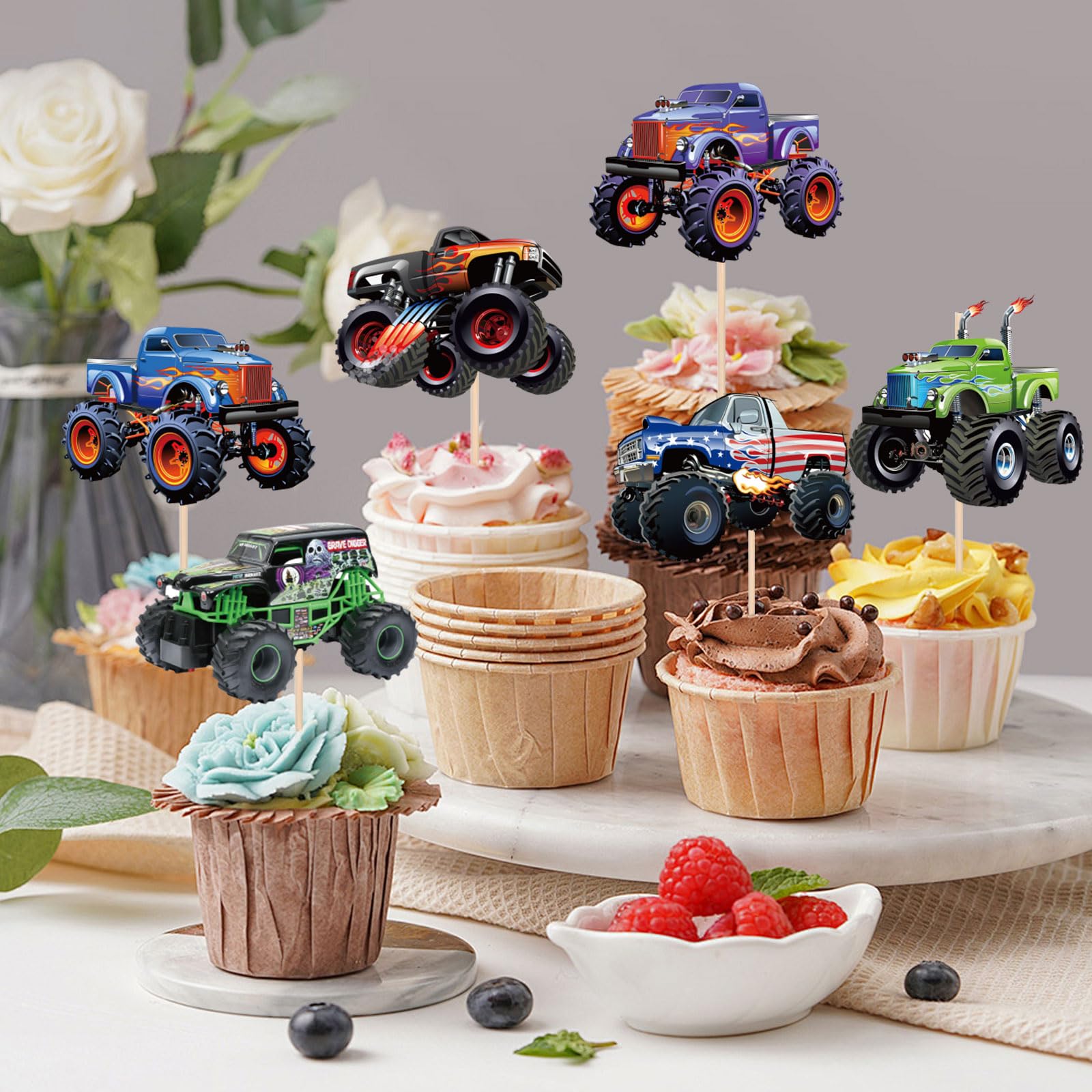 Pretyps car-theme cupcake toppers with toothpicks for quick, mess-free decorating.