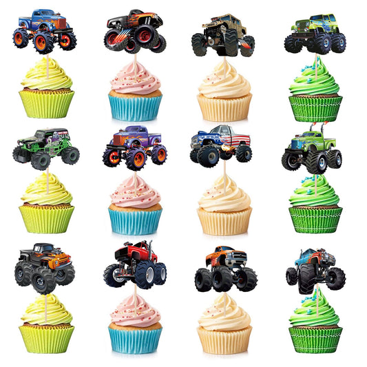 Pretyps monster truck cupcake toppers set adds bold color to party cupcakes.