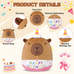 Prewplam Capybara Plush birthday-hat close-up, ideal party decor and gift centerpiece.