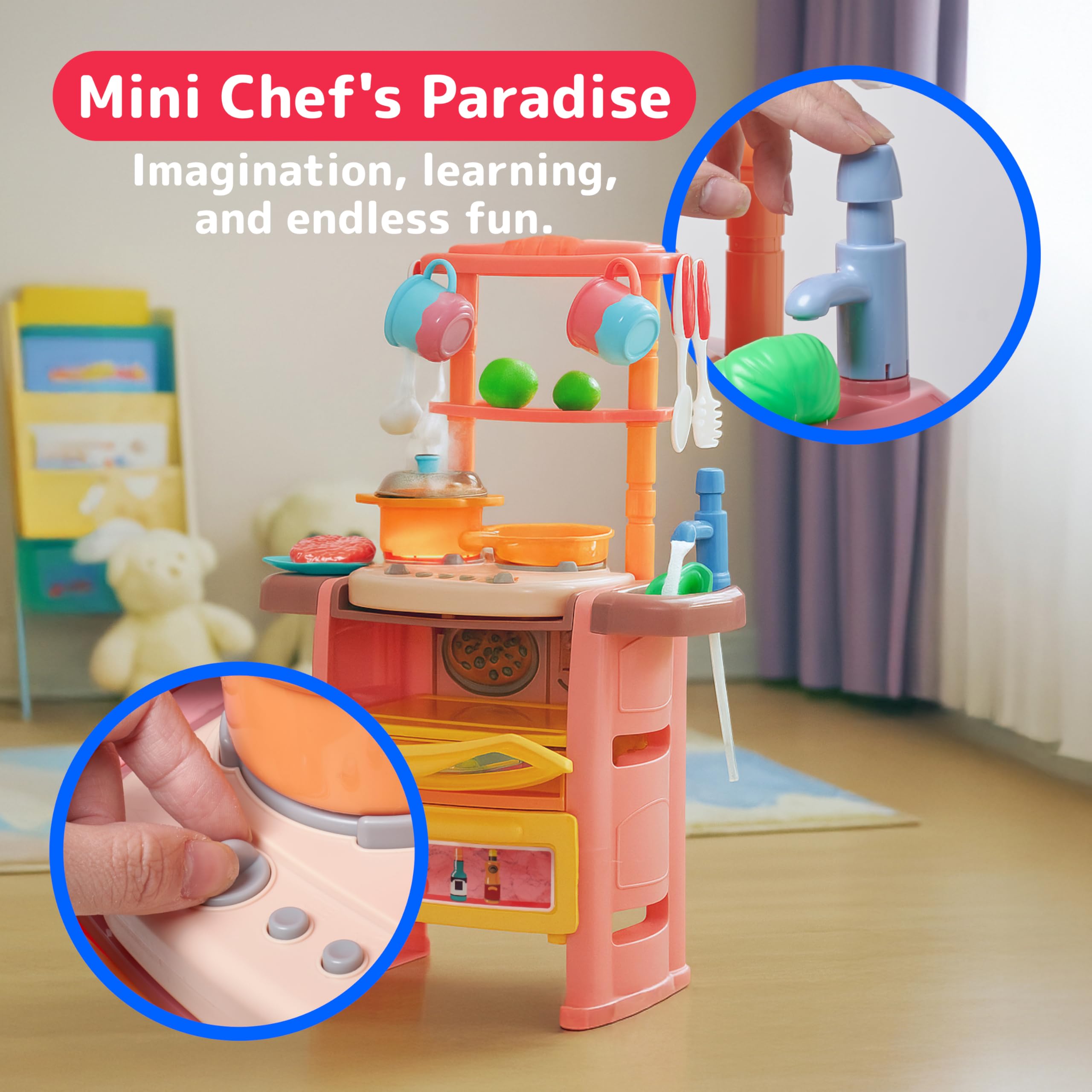 PREXTEX toy kitchen supports fine motor skills through buttons, turns, and pours.