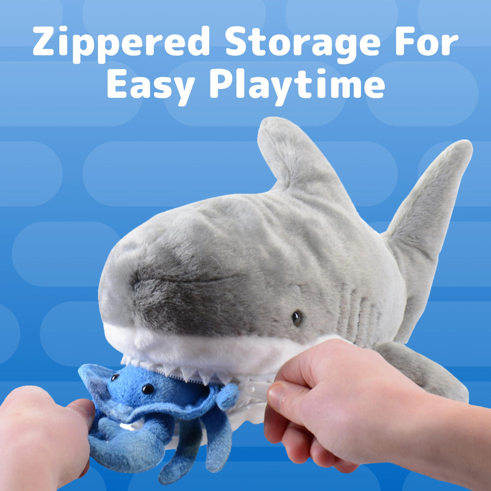 Travel-friendly PREXTEX cuddle buddy stores inside the shark for on-the-go fun