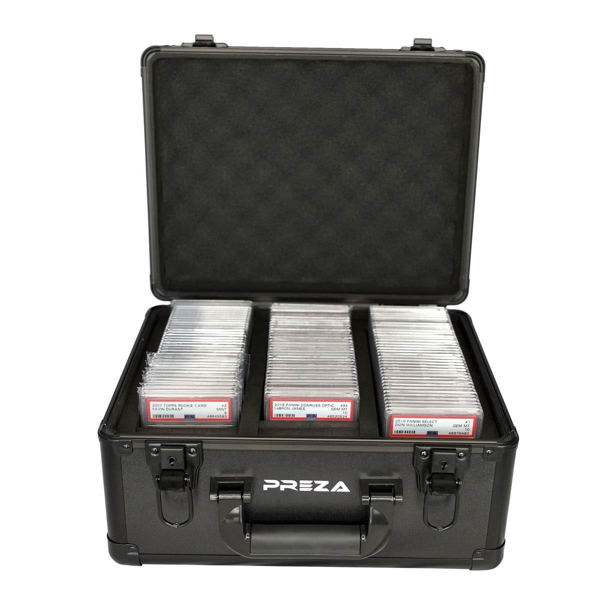 PREZA graded card storage box front view, compact and secure for PSA and BGS cards