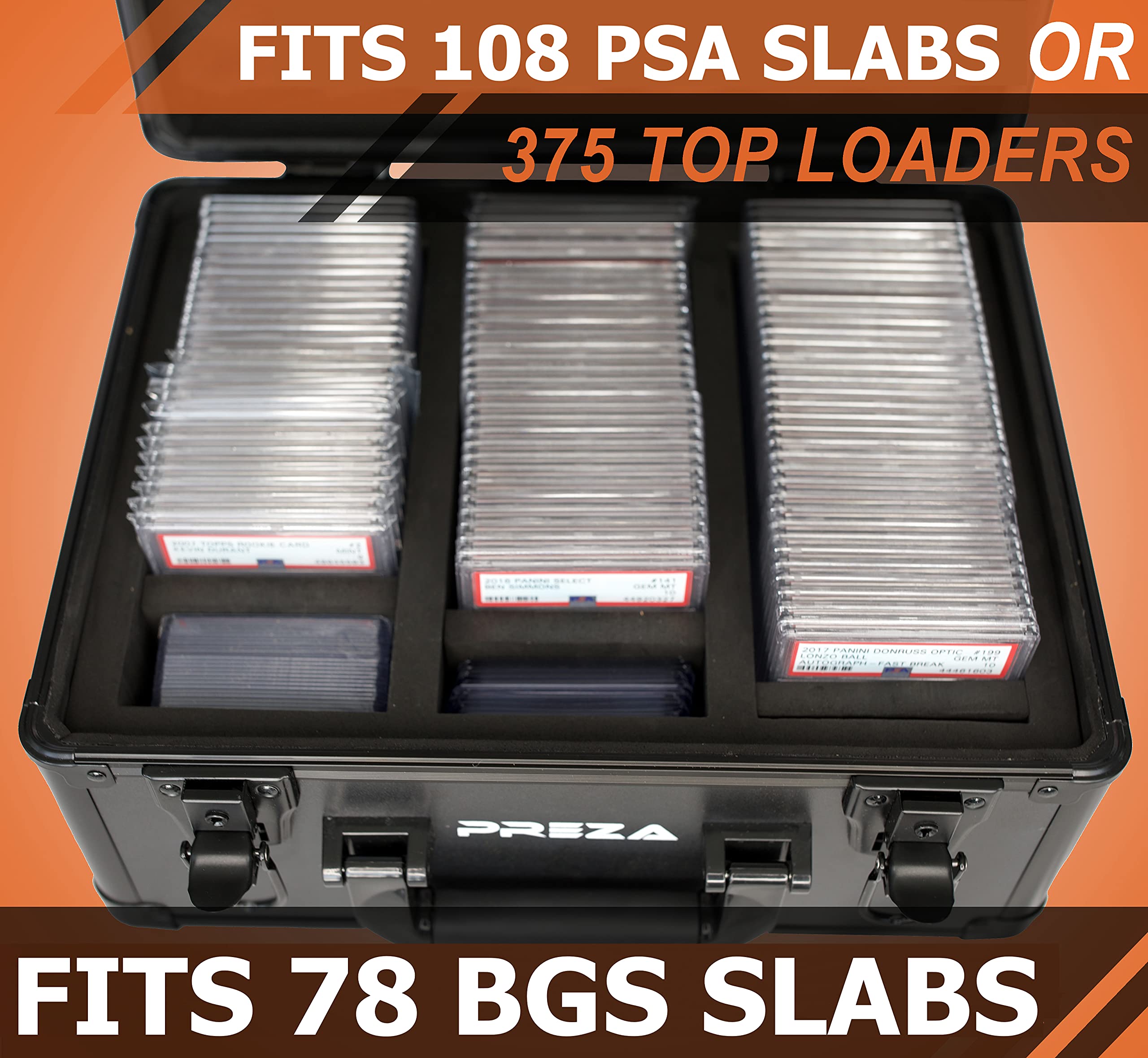 PREZA top loaders capacity image, shows generous storage for multiple top loaders