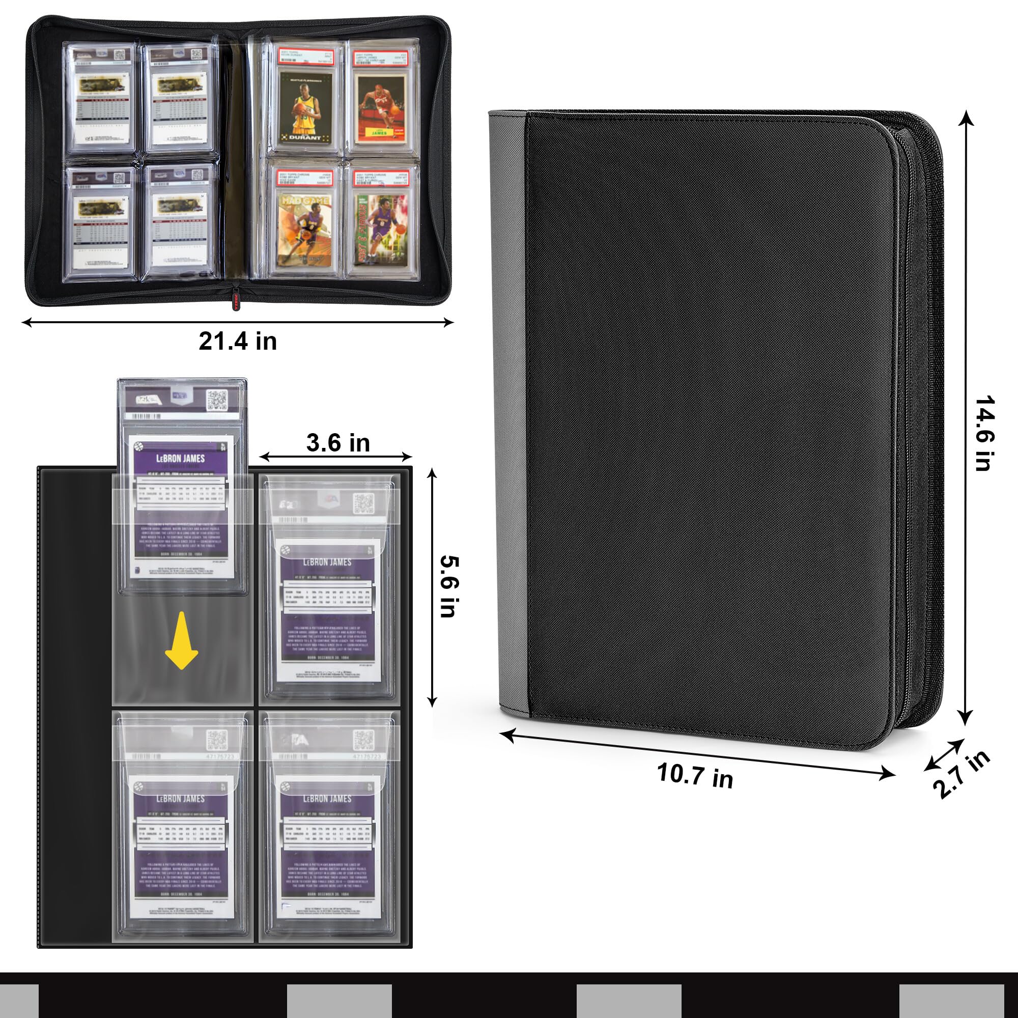 Black PREZA slab binder shows eight-sleeve layout for four cards each.