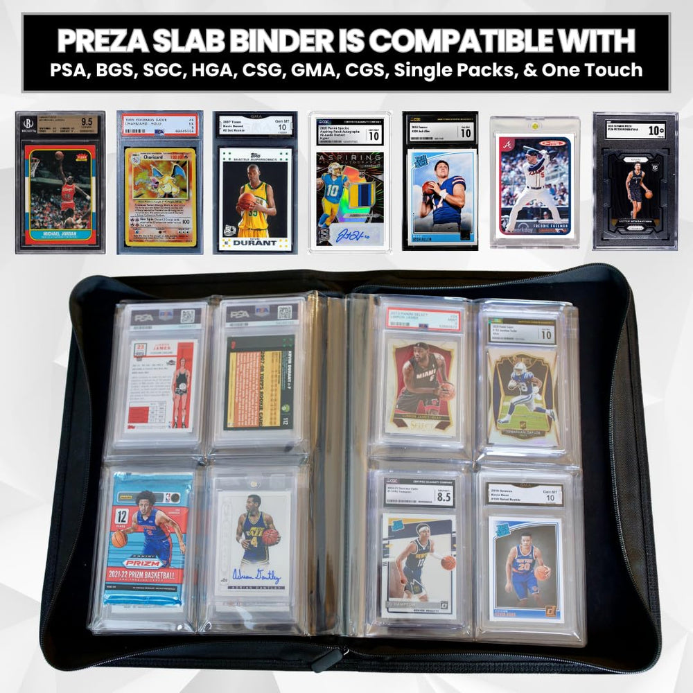 PREZA slab binder compatible with PSA, BGS, and CGS slabs for versatile storage.