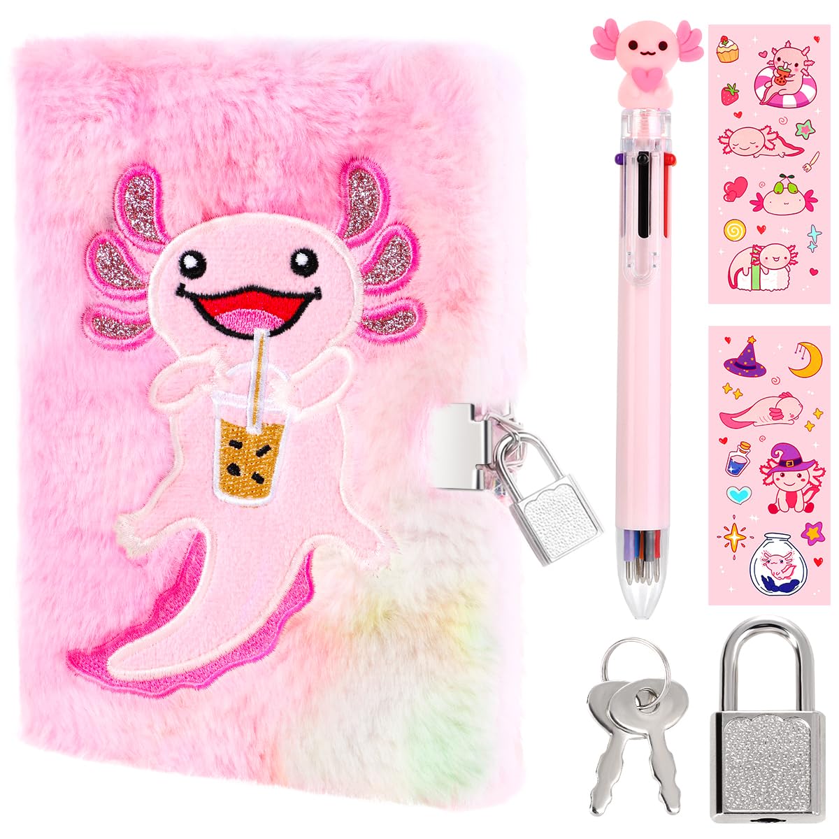 PrinBarBee axolotl diary cover with holographic fabric, ideal for stylish writing.