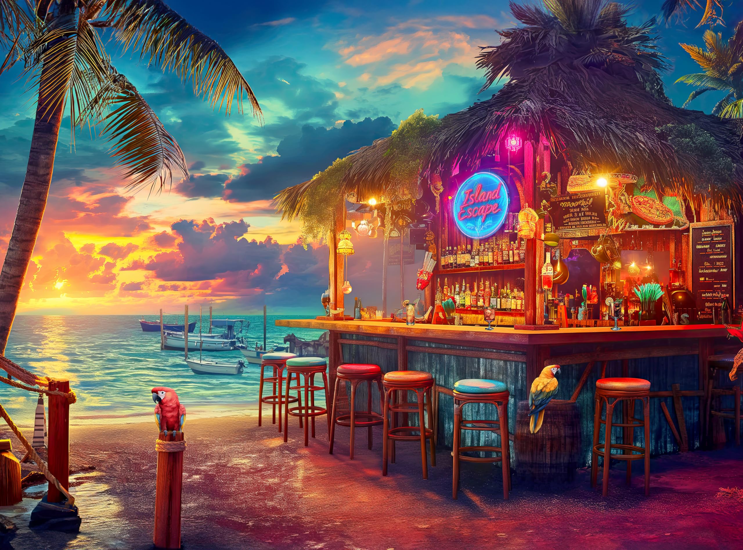 Prime Time Puzzles Beach Bar at Sunset shows vibrant hues for relaxing evenings.